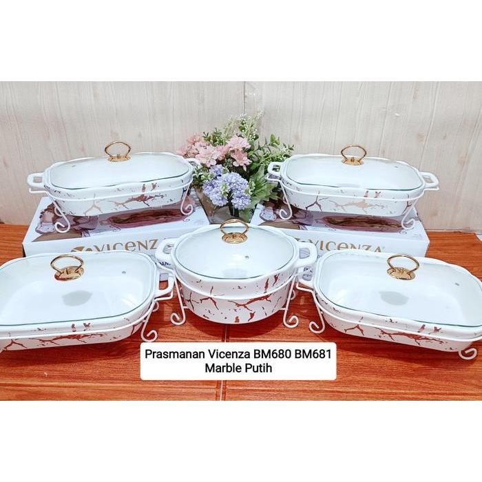 VICENZA Prasmanan /Food warmer 4 Segi 1 Bulat dengan pemanas Keramik - Marble Putih, Dengan Bubble
