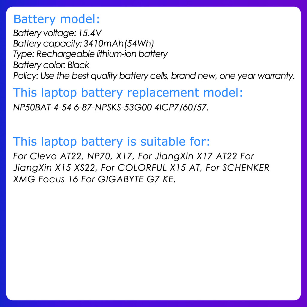 NP50BAT-4-54 Battery For Clevo NP70 Colorful JiangXin X17 AT22 X15 XS22 For Hasee T8-DA7NP i7Laptop
