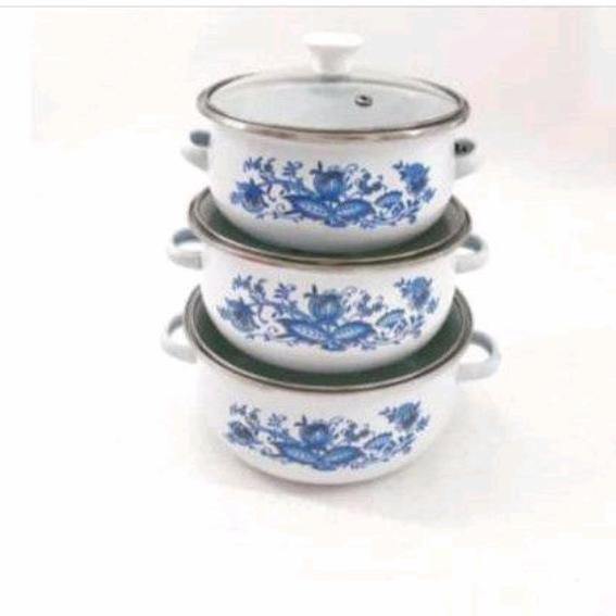 Panci Set Enamel Reoona Susun 3 Tutup Kaca