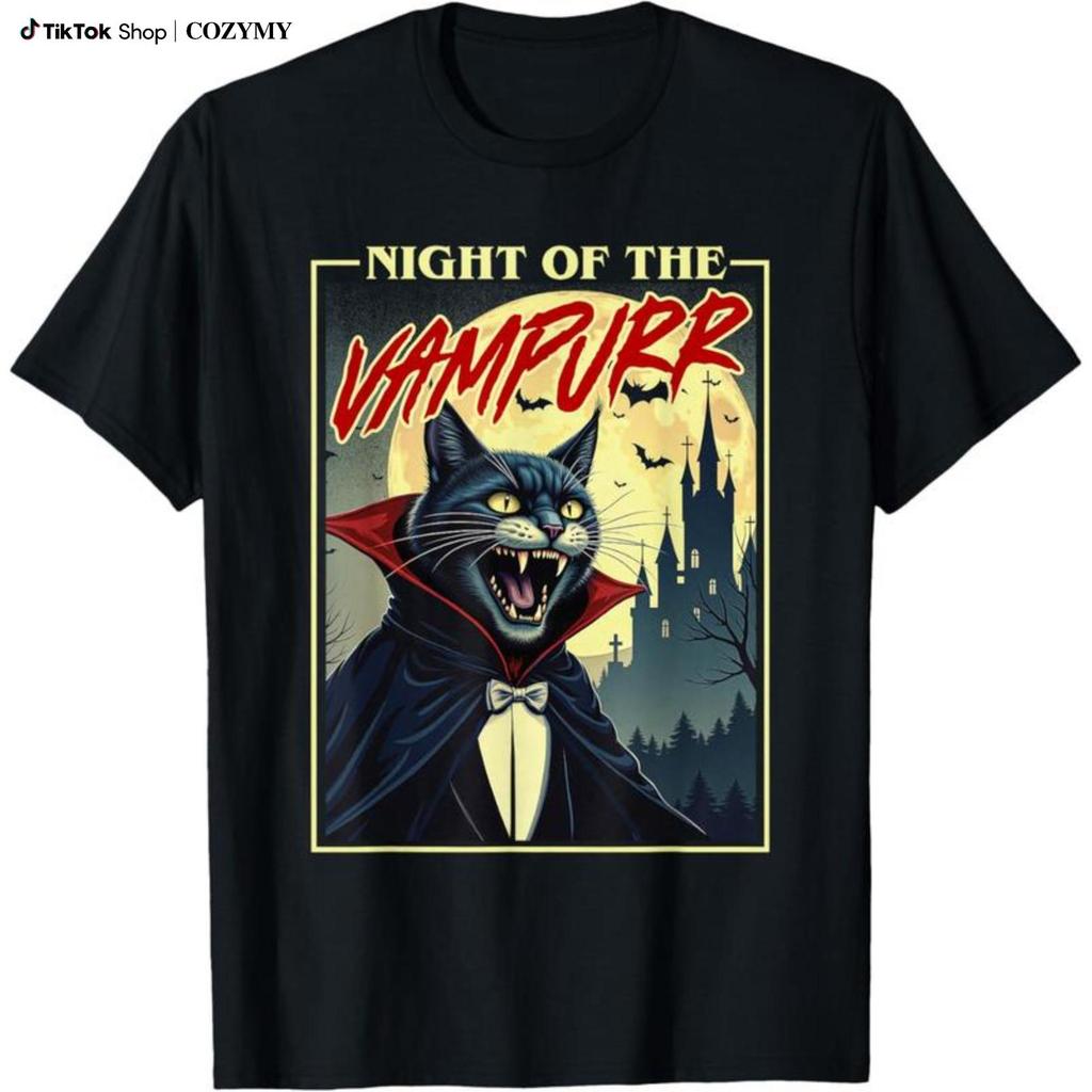 Night Of The Vampurr - Spooky Cat Vampire Halloween Ghoul Men Women  T-Shirt Graphic Tee Cute Graphi