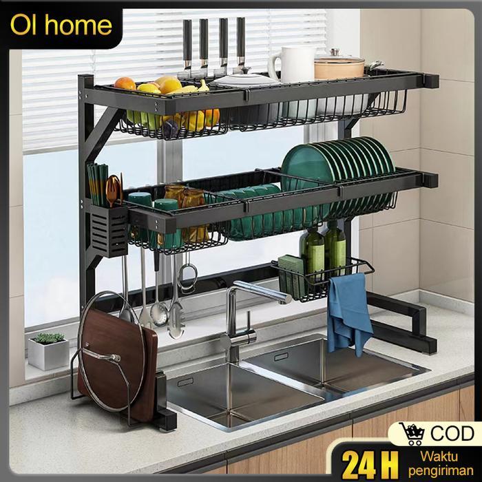 Rak Diatas Wastafel Stainless Hitam Rak Penyimpanan Piring Rak Dapur Cuci Piring