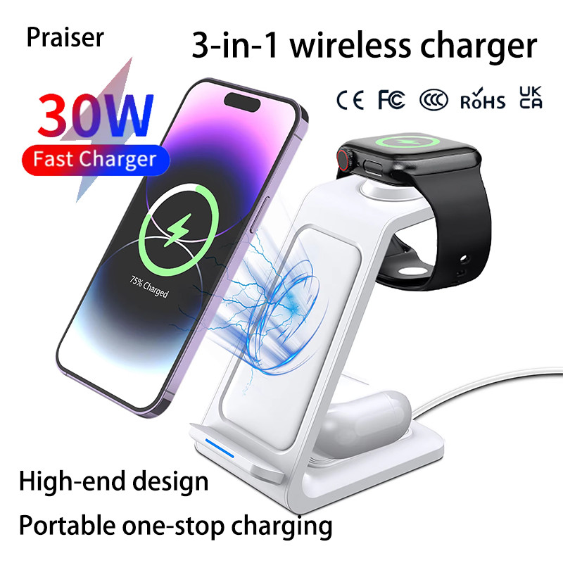 30W 3-In-1 Wireless Charger Stand Dock For iPhone Samsung Xiaomi OPPO Apple Watch 8 7 AirPods