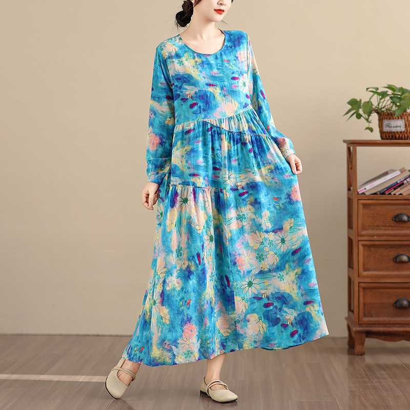 Spring Autumn New Large Size Printed Long Sleeve Linen Cotton Dress Women Long Loose Hem Dress