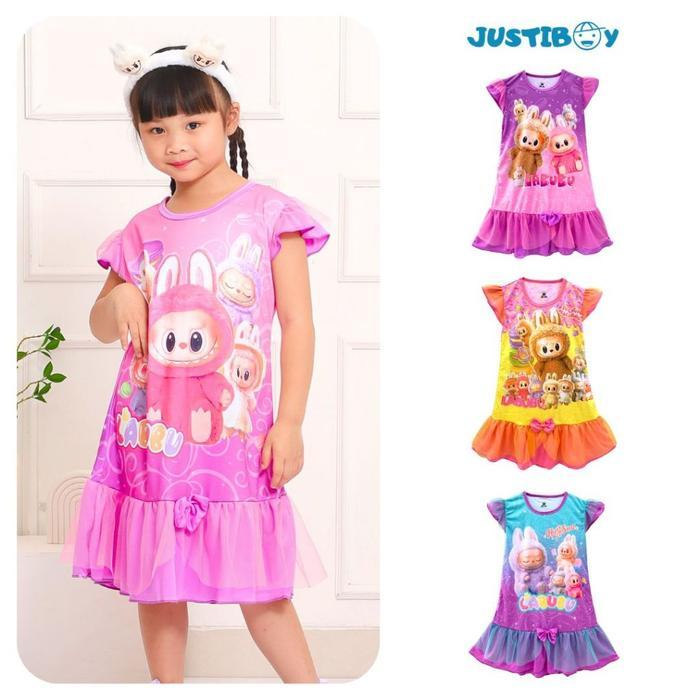 Dress Anak Perempuan Labubu The Monster Lengan Ruffle Umur 4 - 10 Tahun [JULIA]