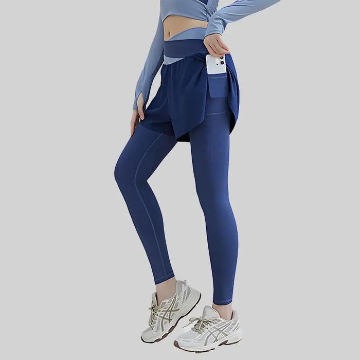 Celana legging olahraga wanita serbaguna temperamen fesyen mewah ringan dua-dalam-satu warna solid