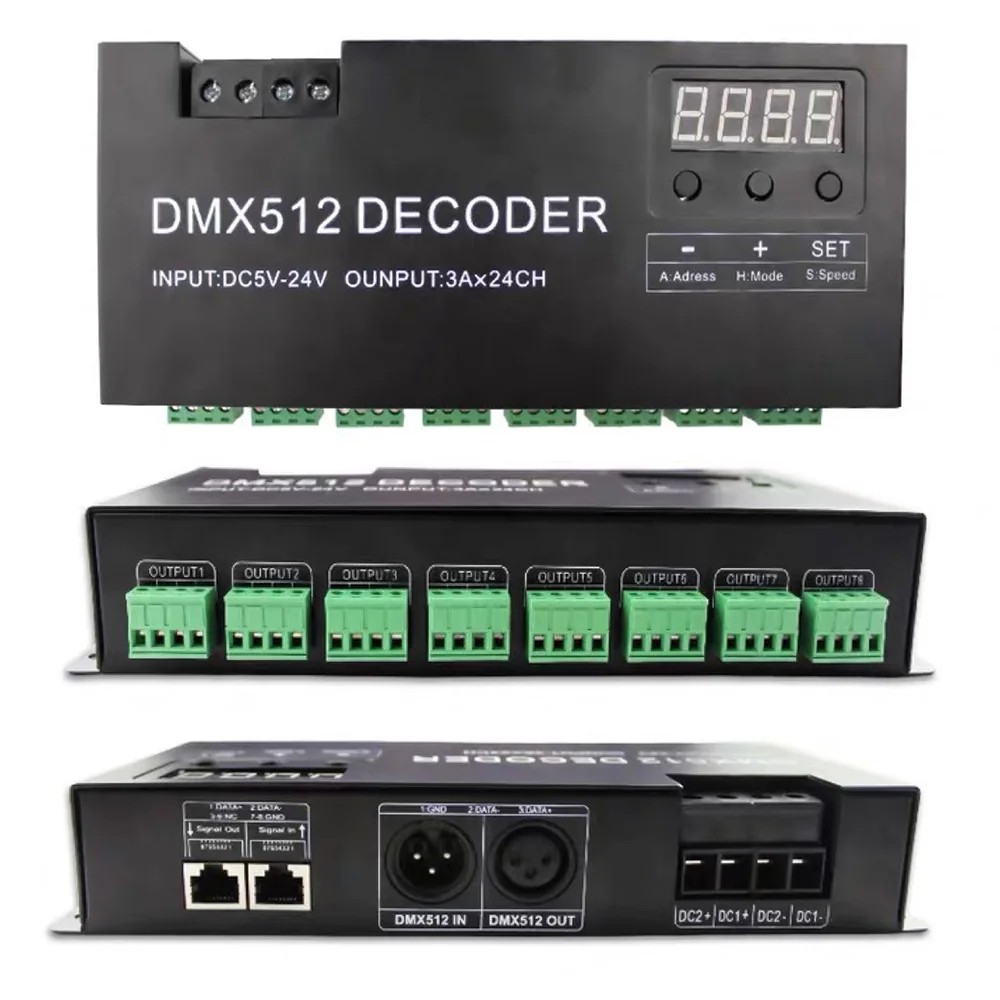 Digital 24CH RGB RGBW DMX512 Decoder, 3CH RGB 4CH RGBW 512 Decoder DMX 512 Controller For LED Strip