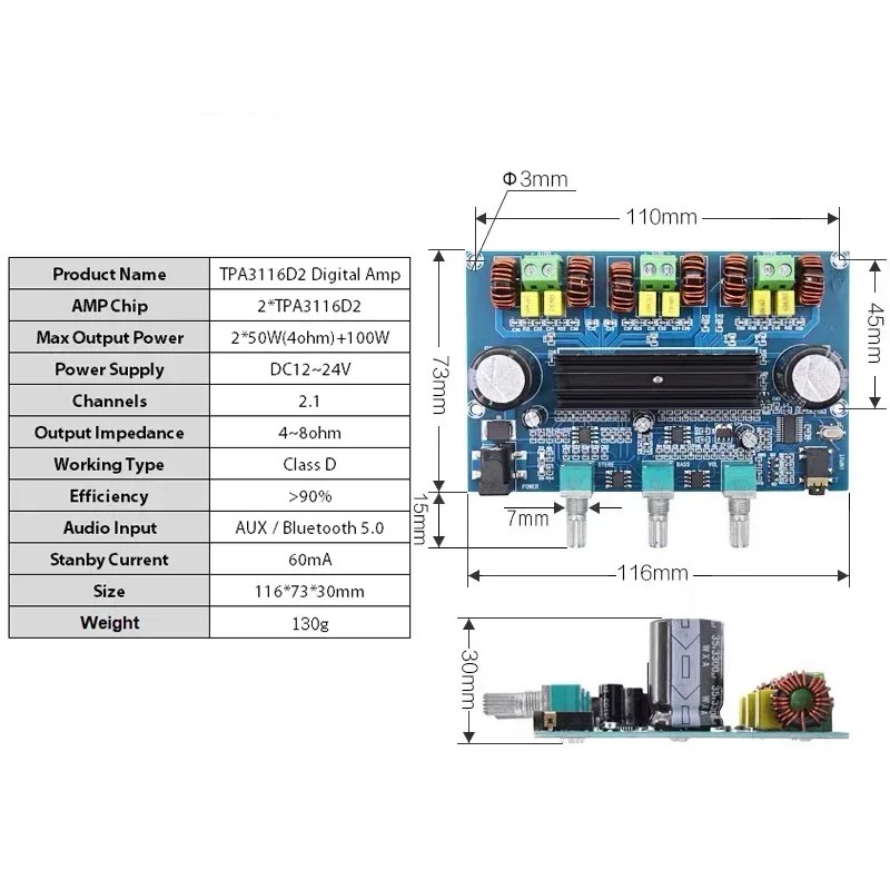 2*50W+100W Bluetooth 5.0 dual TPA3116D2 Power Subwoofer Amplifier Board 2.1 Channel TPA3116 Audio