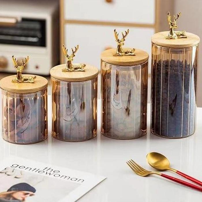 Airtight Glass Jar with Deer Head Bamboo Lid, Household Glass Storage Jar, Coarse Cereal Storage Jar