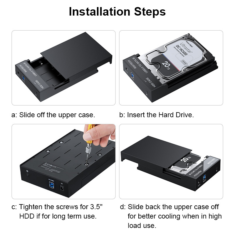 RSHTECH External USB 3.0 SATA Hard Drive Enclosure Data Transfer 6Gbps HDD Caddy Portable Disk Case