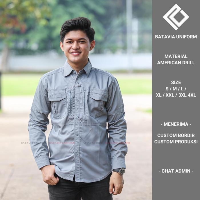 Baju TACTICAL Pria Lengan Panjang - Kemeja Seragam Kerja Dinas Lapangan Tactical ABU Bahan American