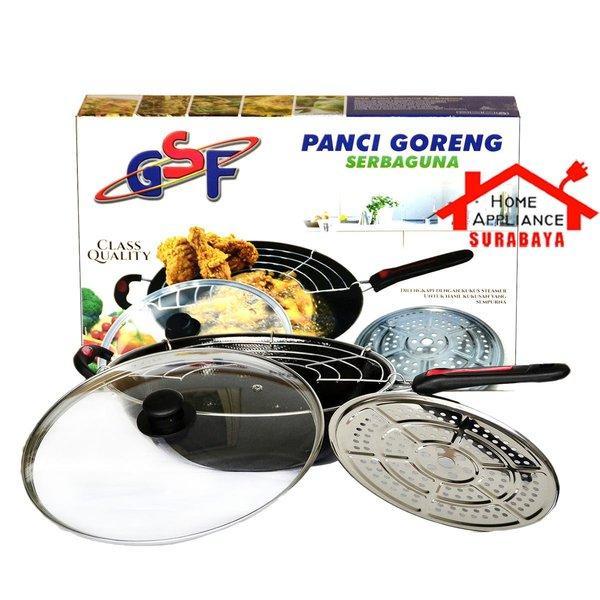 Panci Wajan Goreng Enamel Anti Lengket 32 CM Tutup Kaca Tirisan Minyak dan Tempat Kukus GSF G 1132