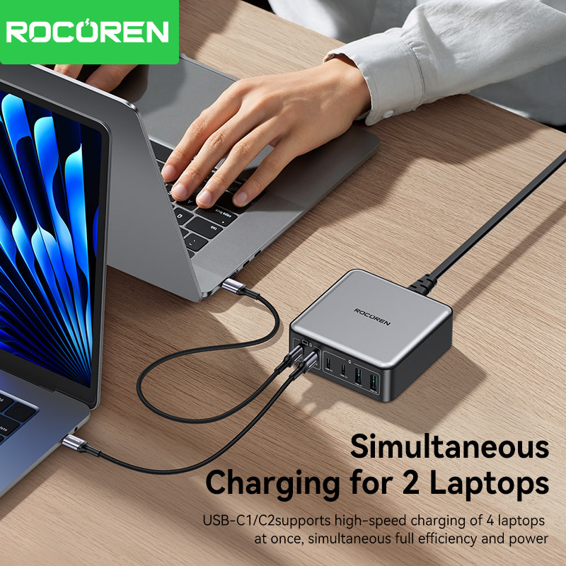 Rocoren 200W GaN Charger PD Fast Charging USB Type C Charger 270W 6 in 1 USBC Power Station For