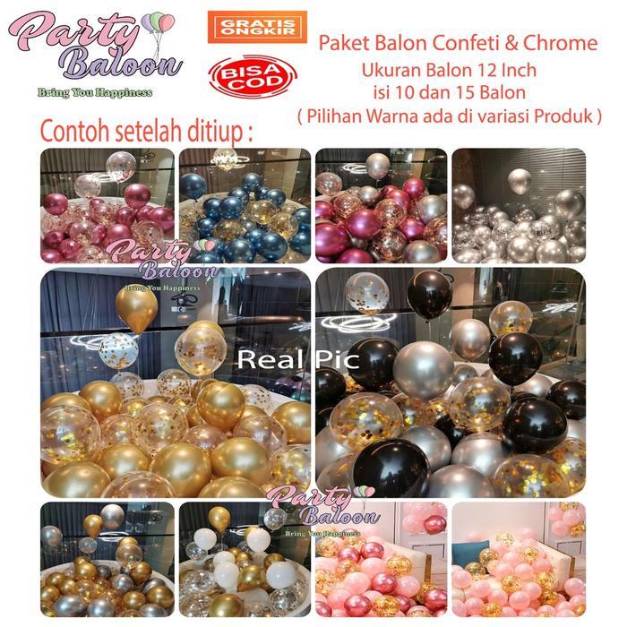 Paket Balon LATEX ulang tahun anak dewasa dekorasi chrome confeti ultah dekor confeti double metalik