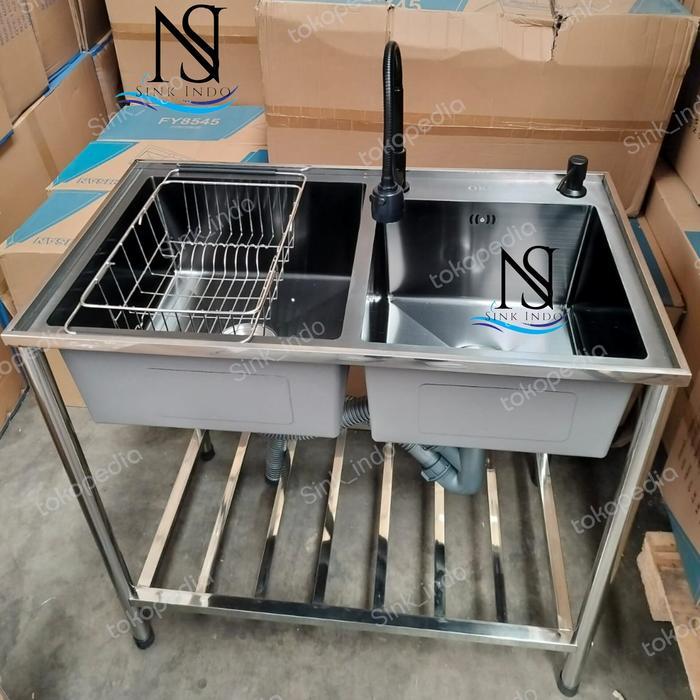 Terbaru Bak Cuci Piring Portable Thsing 2 Lubang Stainless Steel82 X 45Cm Set Kran & Aksesori