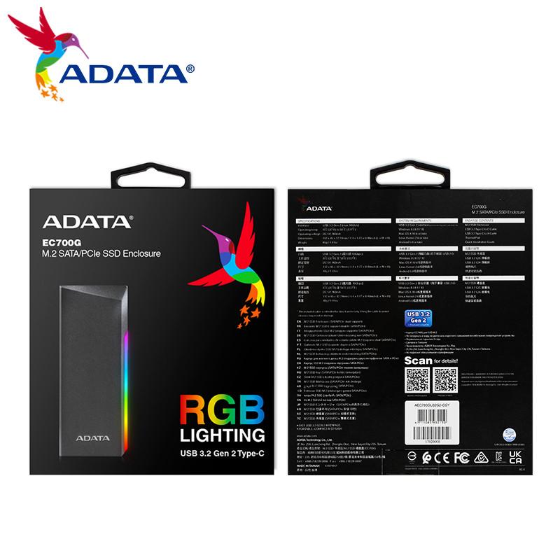 Original ADATA EC700G SATA/PCIe M.2 SSD Enclosure USB 3.2 Gen 2 Type C M2 SSD Case With RGB Lighting