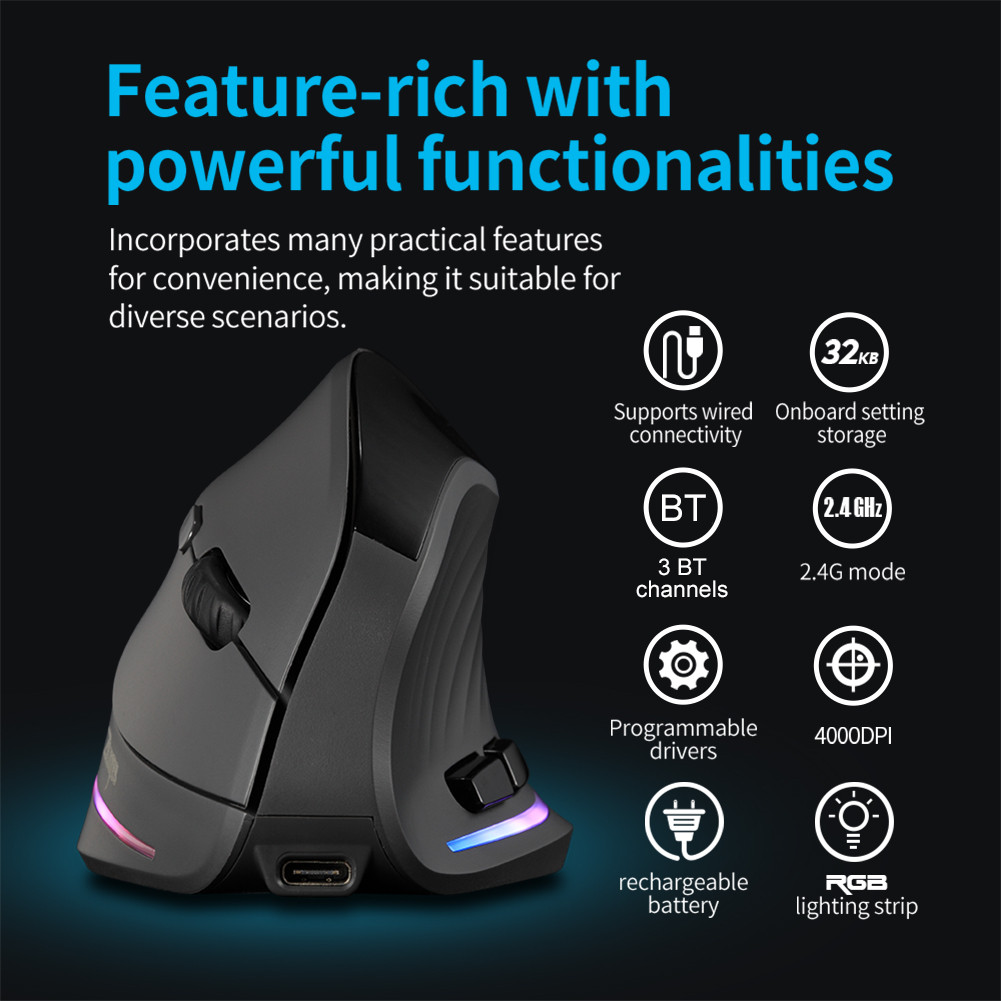 Vertical Wireless Mouse Tri-Mode BT+2.4GHz+Wired Vertical Mouse 7 Buttons Laptops Computer PC Mice