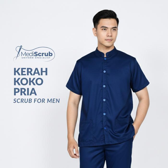 SIAPKIRIM MediScrub - Setelan Baju Scrub Pria Kerah Koko / Kerah Shanghai Full Kancing Lengan Pendek
