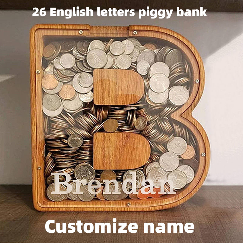 Twenty-six Letter Piggy Bank Wooden Coin Money Saving Box Jar Coins Storage Box Desktop Ornament