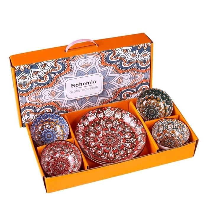 Sale- Premium Set Piring & Mangkuk Motif Bunga Cantik/Souvernir Premium Set 1 Piring & 4 Mangkuk