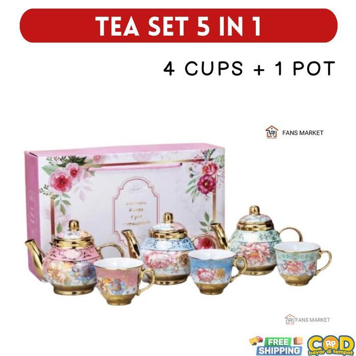 Cangkir Teko Keramik Set 4 Cups 1 Pot Rose Gold Tea Set Desain Eropa Elegan Material Keramik Food
