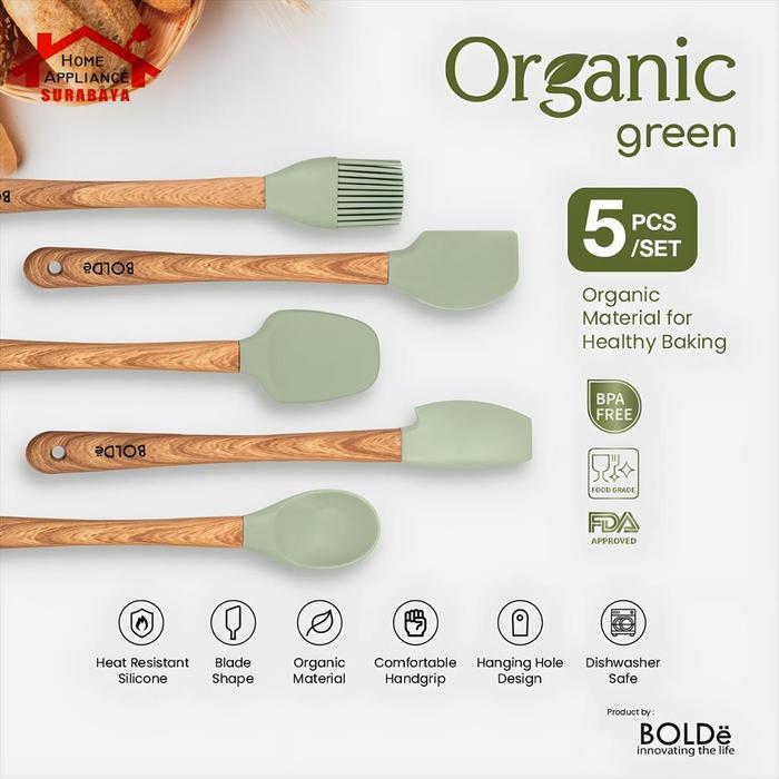 BOLDe Organic Green Baked Silicone Utensil - Spatula Silikon Baking Set 5 PCS Food Grade