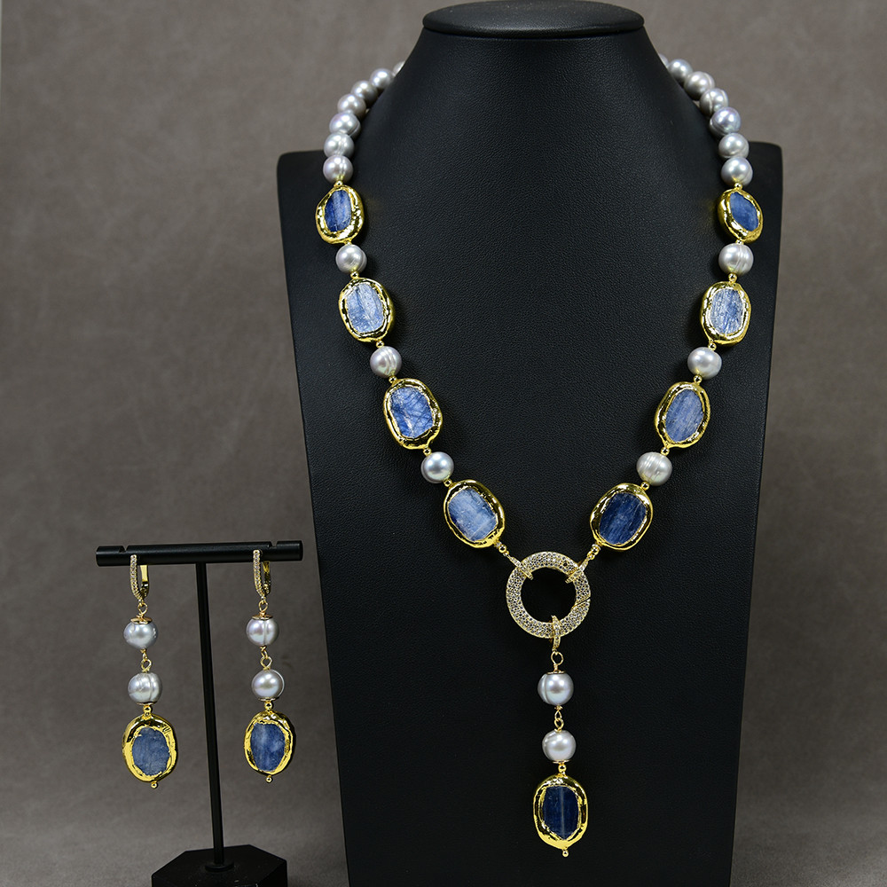 G-G Freshwater Cultured Gray Pearl Blue Kyanite Pendant Necklace Earrings Sets Simple Women Gifts