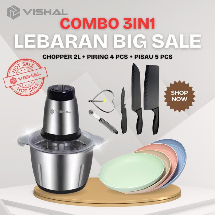 VISHAL COMBO LEBARAN 3IN- [Chopper/blender daging Stainless 2L+Pisau set dapur Hitam isi 5PCS+Set