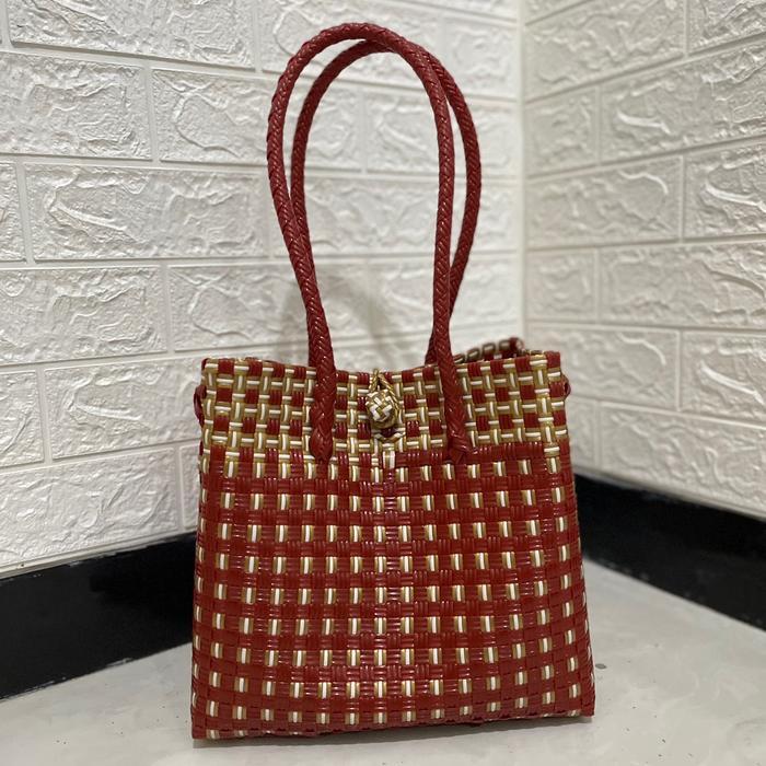 Spesial Tas Jali Merah Combi Gold FREE MACRAME RAINBOW anyaman tote wanita