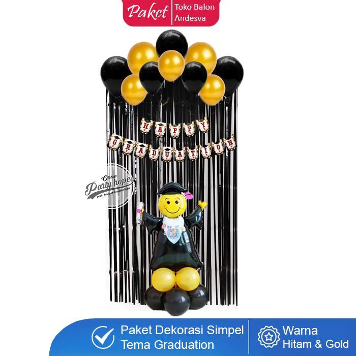 paket dekor graduation hitam gold / set dekorasi wisuda hitam gold / set balon wisuda happy