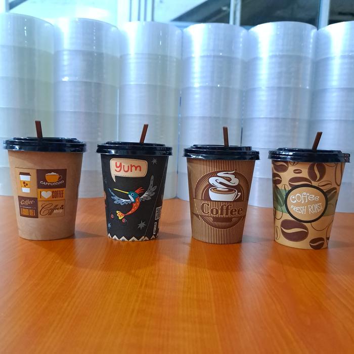 GELAS KERTAS KOPI + TUTUP + SEDOTAN / PAPER CUP MOTIF COFFEE 8 0Z