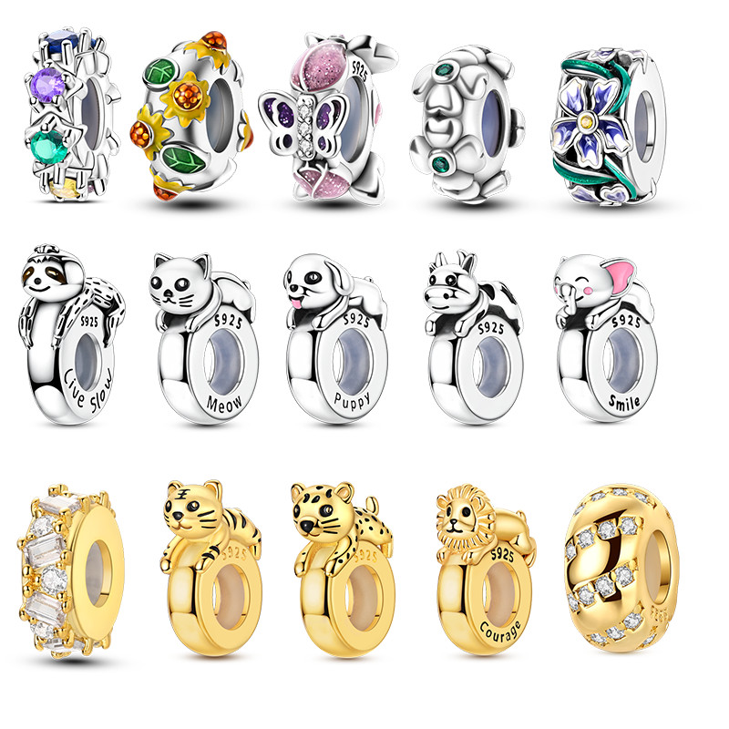 Charm Perak 925 dengan Spacer Silikon dan Klip Emas untuk Membuat Perhiasan Gelang dan Kalung
