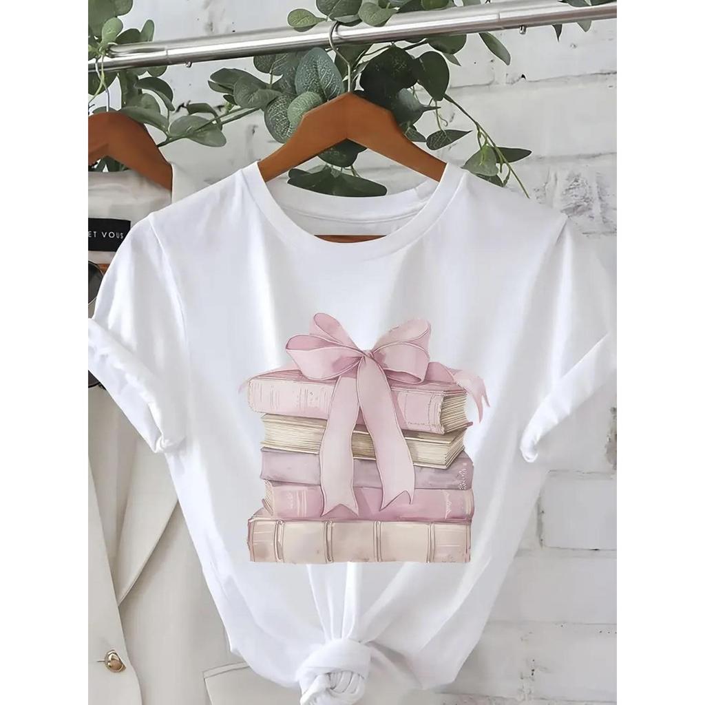 1pc, 100% Pure T-shirt, Book Stacking Pattern Print, Breathable and Refreshing for the Season, Sweat
