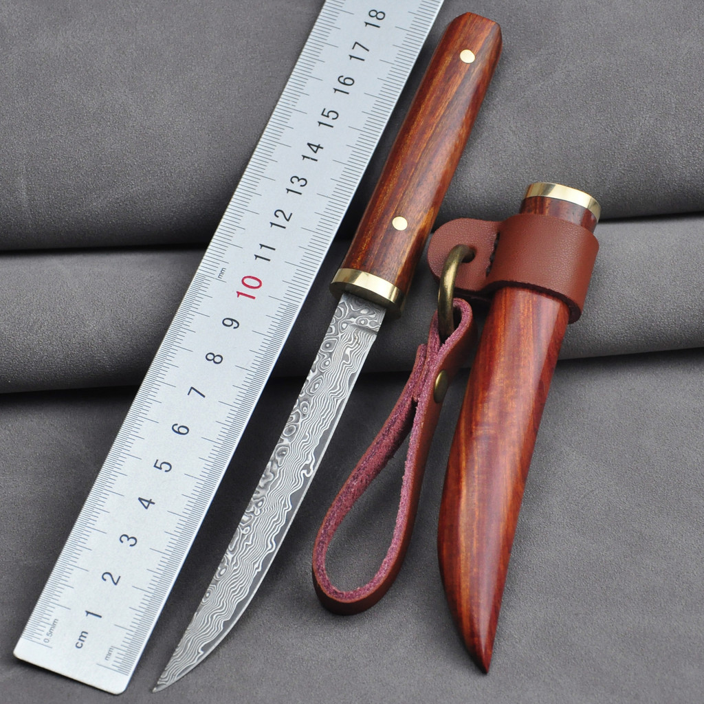 Damascus Steel Straight Knife Outdoor Survival Knife Camping Portable Self-Defense Knife Sharp Fruit