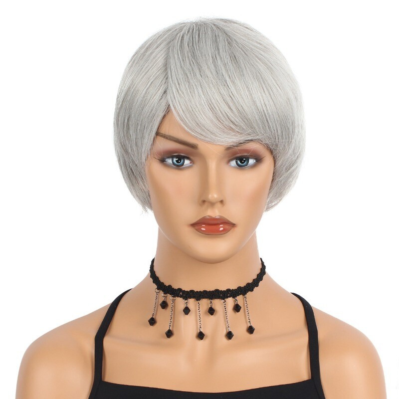 Ladies Wig Natural Short Ladies Gray Straight Hair Curly Wig+Wig Cap