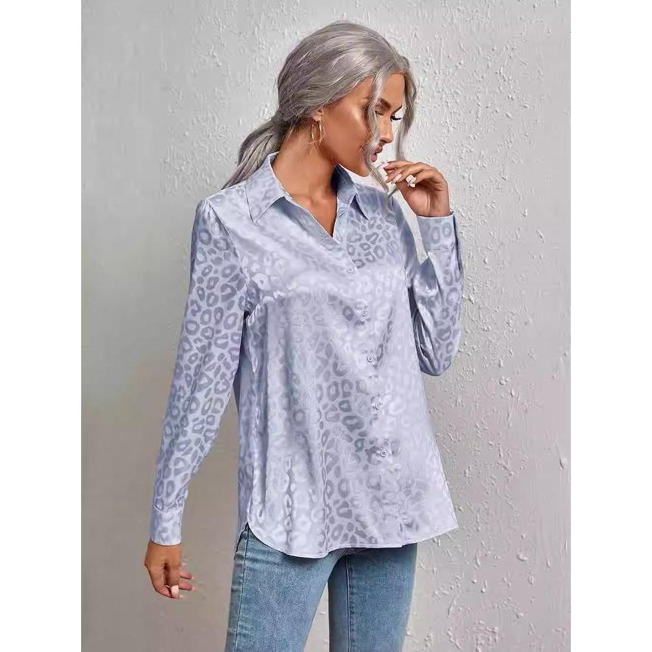 cnm 99029 Kemeja wanita satin enam warna, motif macan tutul tiga dimensi, atasan panjang Muslim
