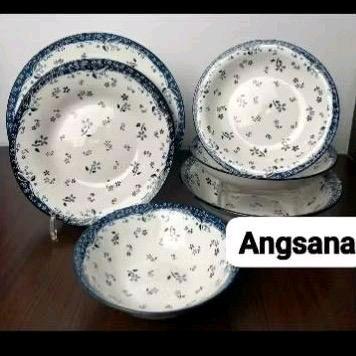 Formia Keramik Putih Dengan Motif Daun Daffodil Biru / Piring Makan Dalam Ceper / Cup Saucer /