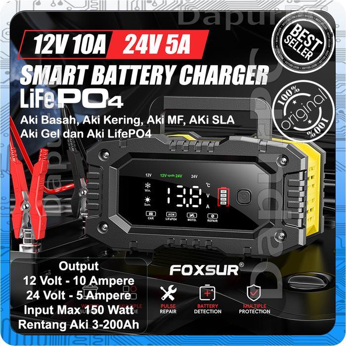 FOXSUR FPT-100 Smart Charger Aki 12V-10A 24V-5A 150W LifePO4 7-stage Intelligent Mobil Motor