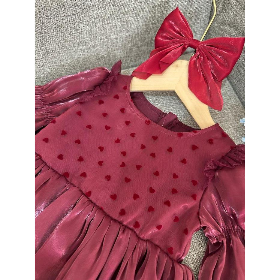 [Kidsfashionkolesi] Dress Merah Burgundy Shimmer Brukat Lace Love Anak Perempuan