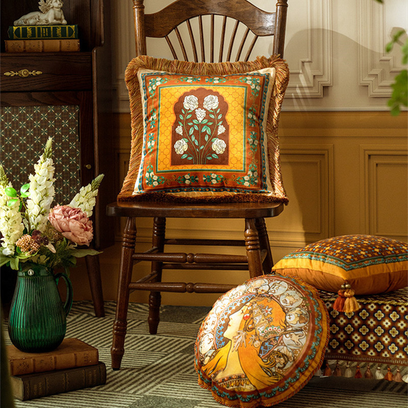 Throw Velvet Cushion Cover with Heavy Tassel,Vintage Home Decoration,Luxurious Pillowcase,Camelli Al