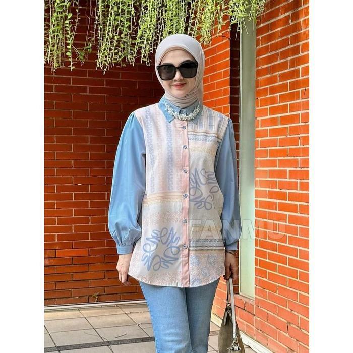 Fanmu Baju Blouse Wanita/Blouse Motif Kekinian/Kemeja Satin Silk Wanita Atasan Wanita Kekinian Biru