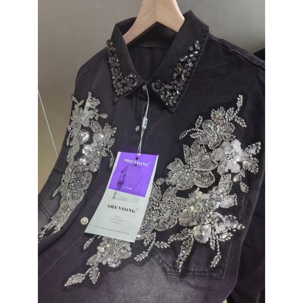 Jaket Denim Vintage Hitam Berlian untuk Wanita, Model Loose Casual Cocok Musim Gugur dan Dingin
