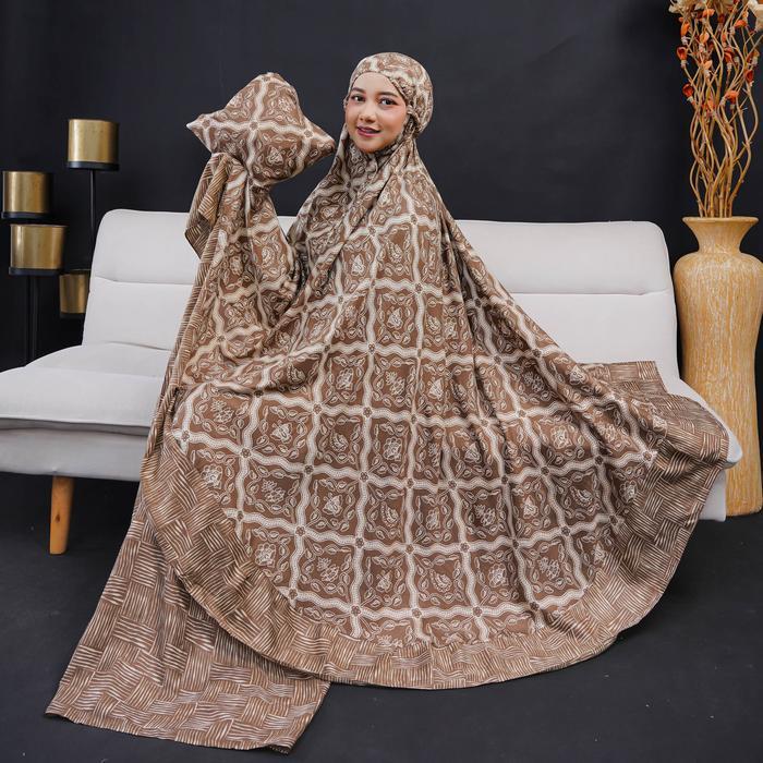 Top Mukena Dewasa Muslim Rayon BATIK COKLAT Rempel jumbo cantik lembut Atasan Bawahan Motif Pouch