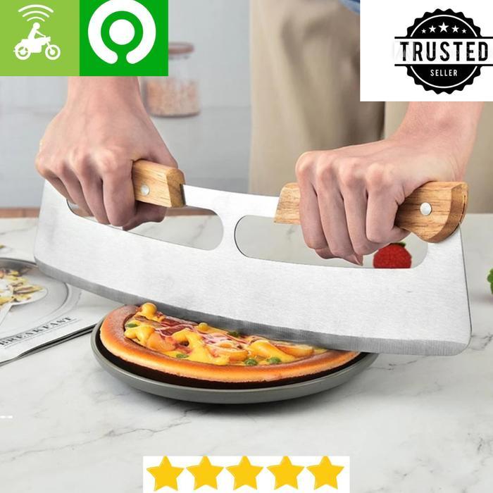 35CM PISAU PEMOTONG PIZZA STAINLESS BESAR PEGANGAN KAYU WOOD
