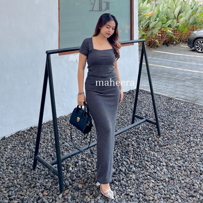 Maheera - Medina One Set Rib Abstrak Setelan Crop Top Rok Span Panjang Wanita Kekinian Cewek Atasan