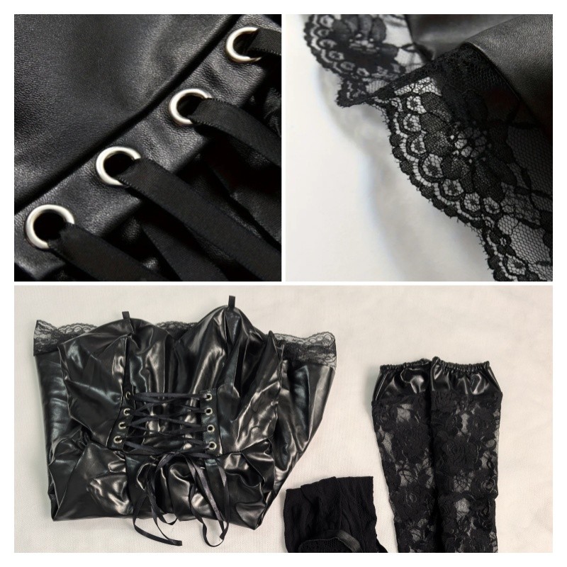 Misa Amane Cosplay Costume Death Note Leather Sexy Dress Outfit With Neck Jewelry Stockings Necklace