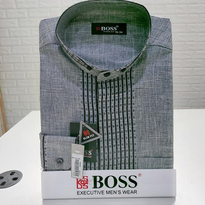 Kemeja Boss Koko Lengan Panjang Regular Salem Abu Biru Katun Mix - Pria Muslim