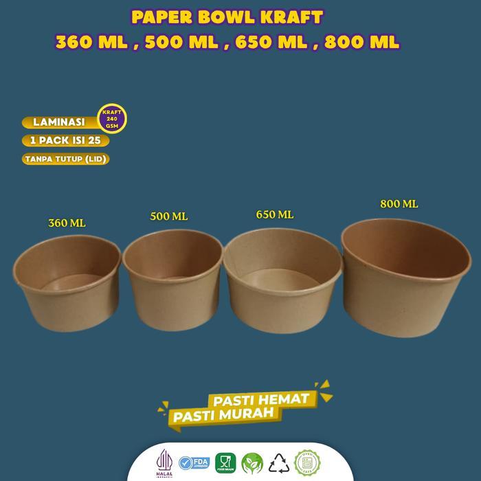 [25 Pcs] Paper Bowl 360ml 500ml 650ml 800ml Food Grade / Rice Bowl Kraft Laminasi / Paper Bowl Food