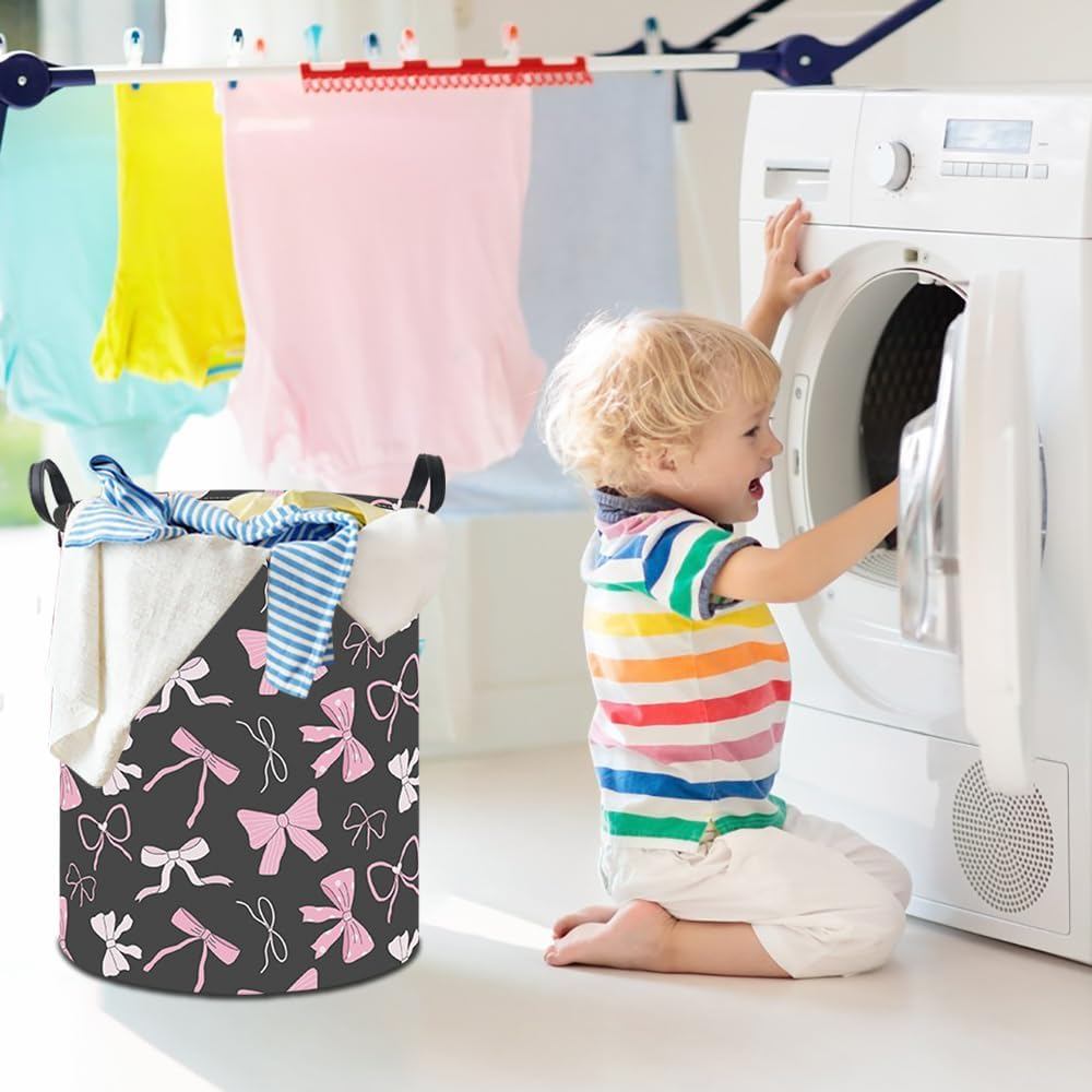 Pink Bow Print Laundry Basket Kids Dirty Clothes Hamper Waterproof Toys Storage Bin Room Decor Gift
