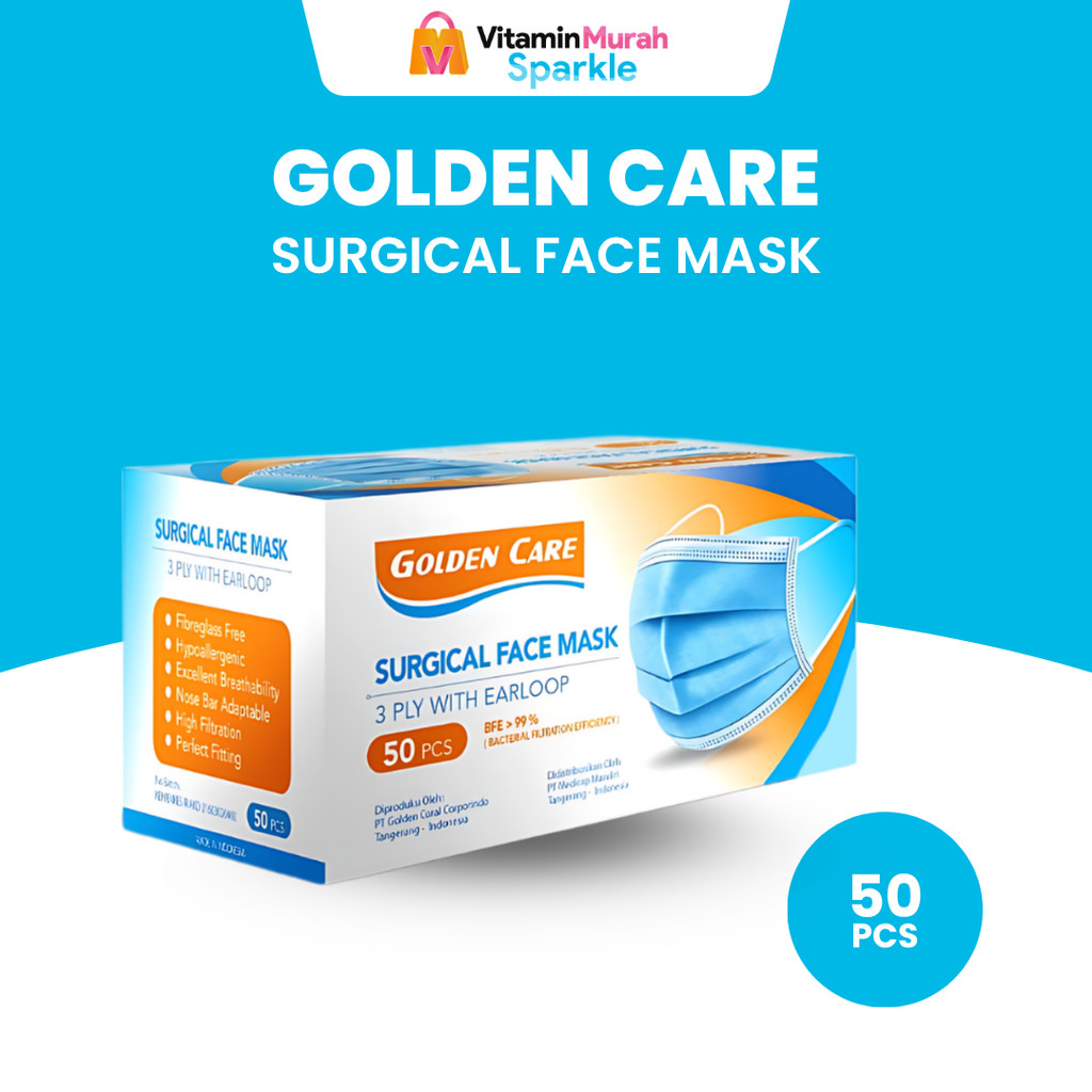 MASKER GOLDEN CARE 3 PLY WITH EARLOOP BFE 99 % 1 BOX ISI 50 PCS