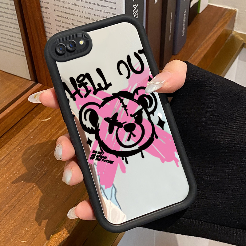 Casing Hp OPPO A5 A3s A12E Realme C1 Case Casing Beruang kartun yang rusak Pola Kasus cermin tangga 
